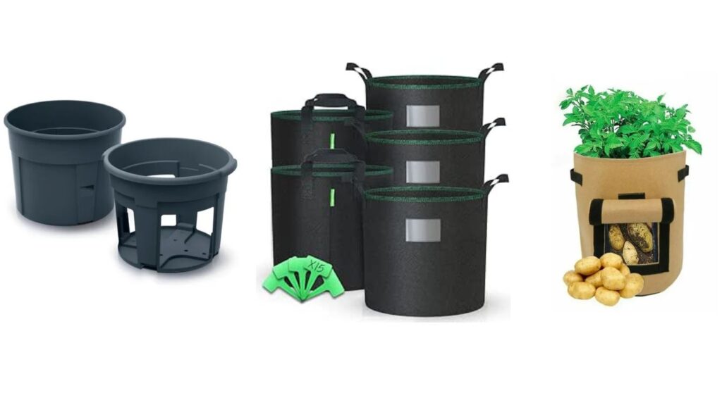A variety of potato growing containers including black plastic pots, black fabric grow bags, and a brown fabric grow bag with a flap.