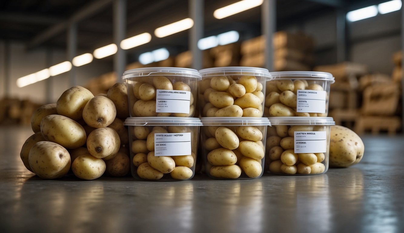 A group of potatoes and containers filled with potatoes on a warehouse floor.