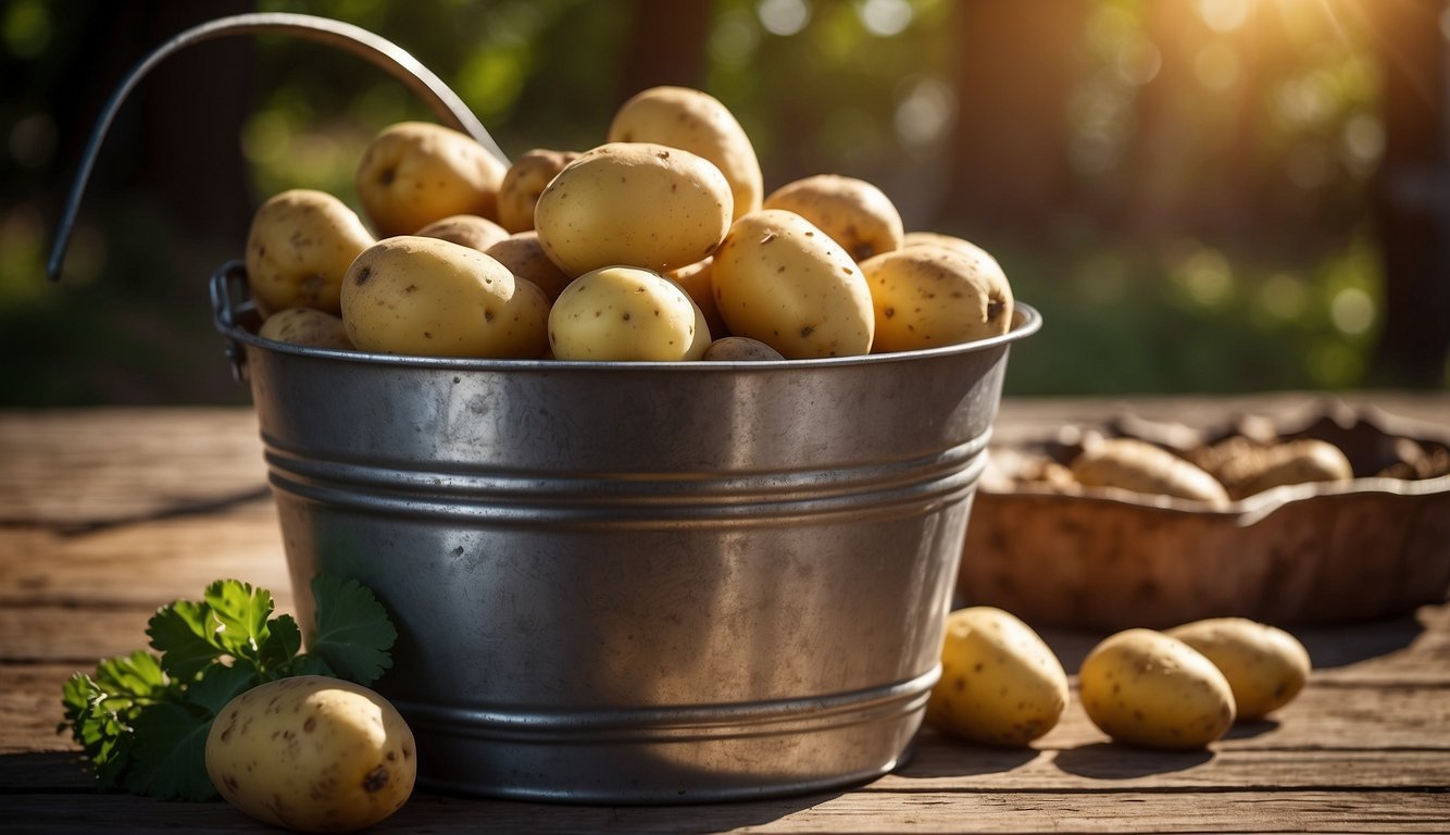 A bucket full of fresh, unpeeled potatoes on a wooden surface, illuminated by sunlight.