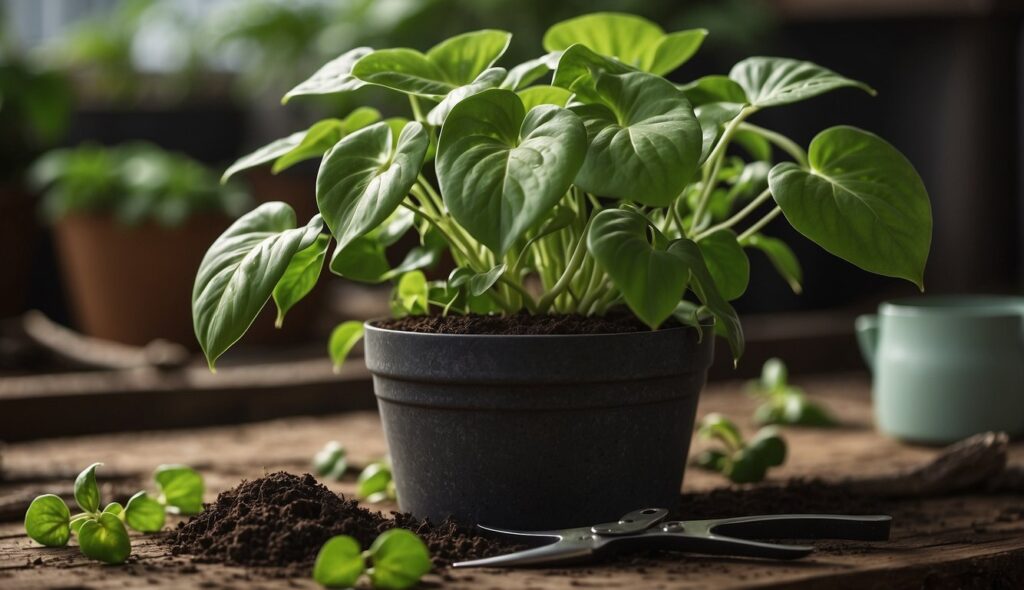 A vibrant pothos plant with glossy green leaves in a grey pot, surrounded by trimmed leaves and roots, with a pair of scissors and soil on a wooden surface.