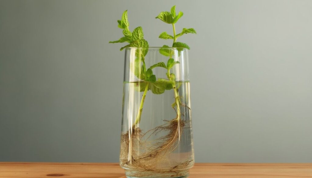 Two mint cuttings with visible roots submerged in water inside a clear glass on a wooden surface.