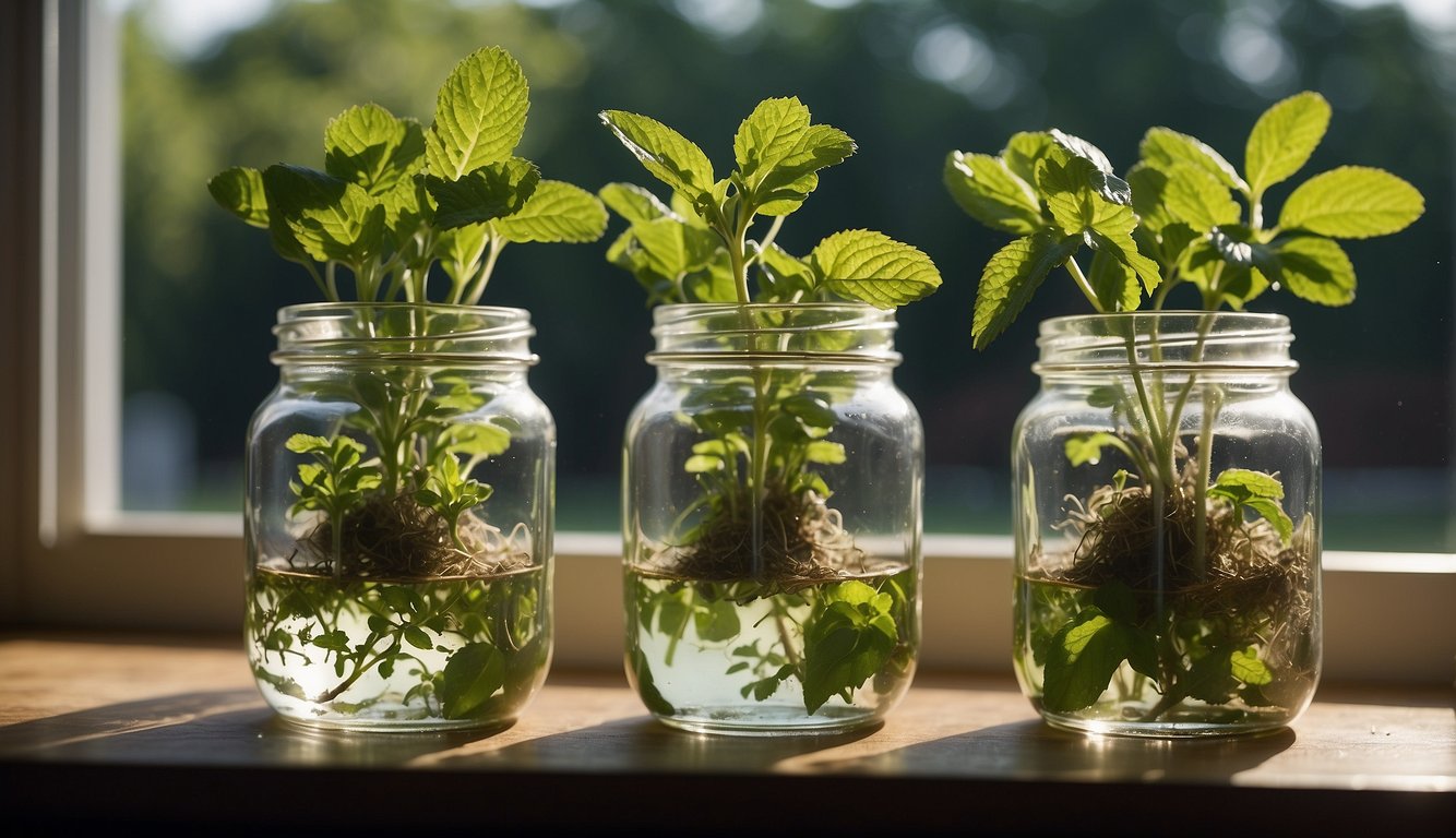 Three glass jars with mint cuttings growing roots, placed on a wooden surface against a backdrop of a sunlit window.