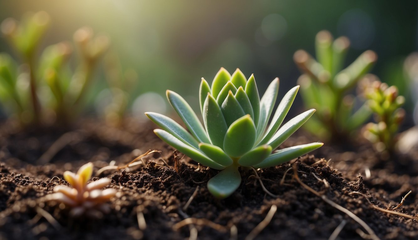 A succulent plant with green leaves is propagating in rich, dark soil, illuminated by soft sunlight.