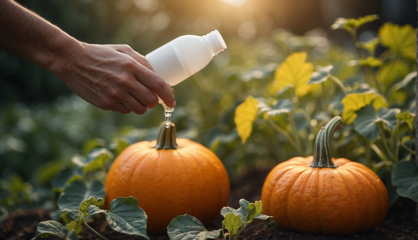 A person applying a liquid treatment to pumpkins in a garden to prevent or cure fungus.