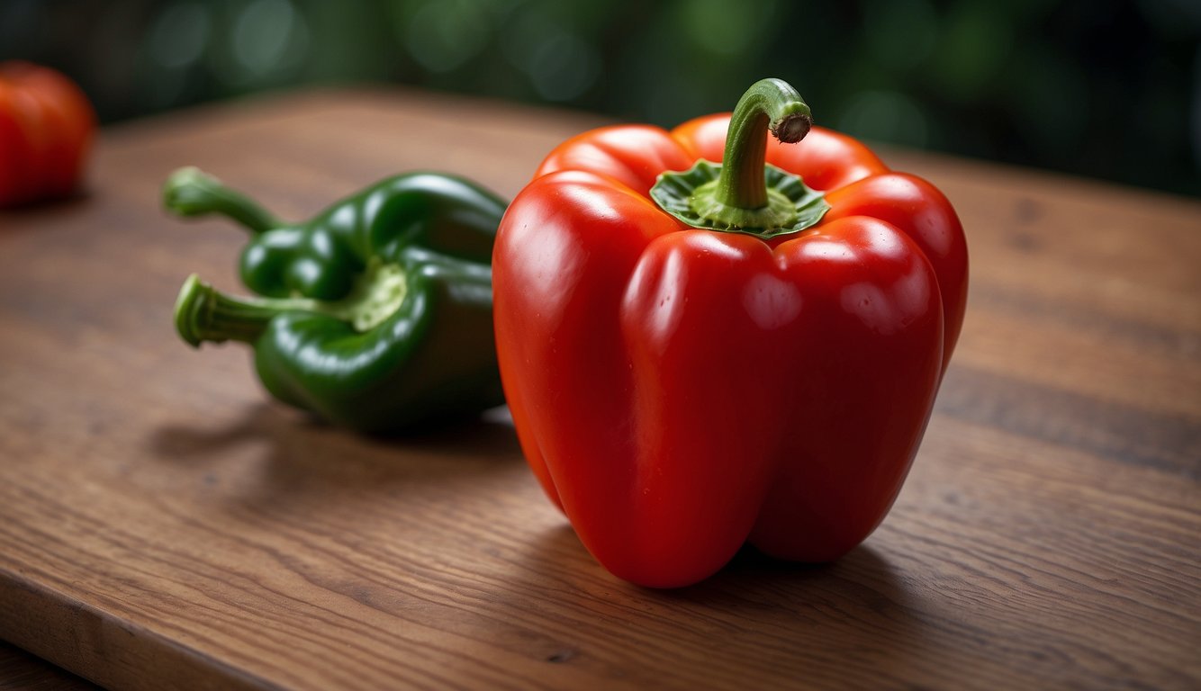 A vibrant red sweet pepper with a glossy surface, prominently displayed in the foreground on a wooden table, with a green pepper blurred in the background.