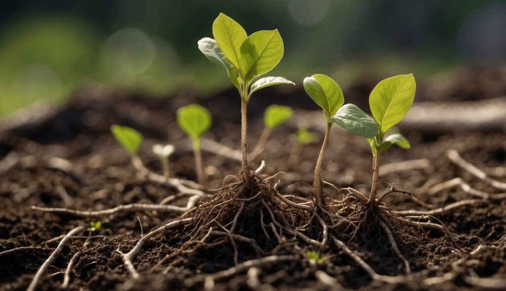 Healthy young plants with vibrant green leaves and robust roots emerging from nutrient-rich soil, illuminated by natural light.