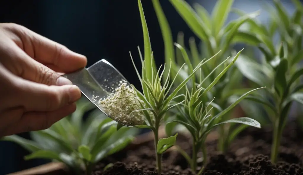 A person is applying organic rooting hormone to young plants using a small spatula.