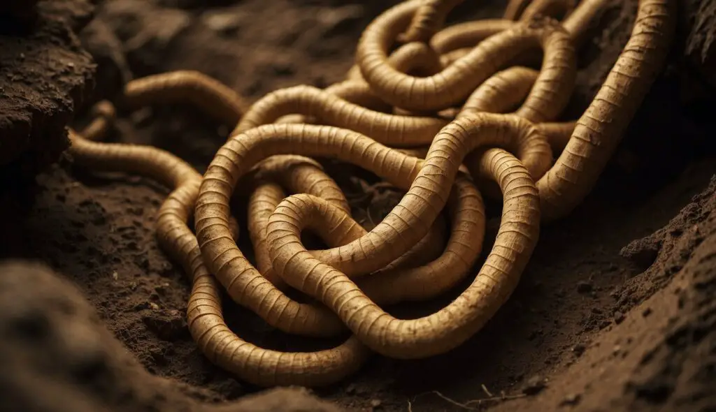 A close-up view of intertwined roots that resemble ginger, embedded in rich, dark soil.