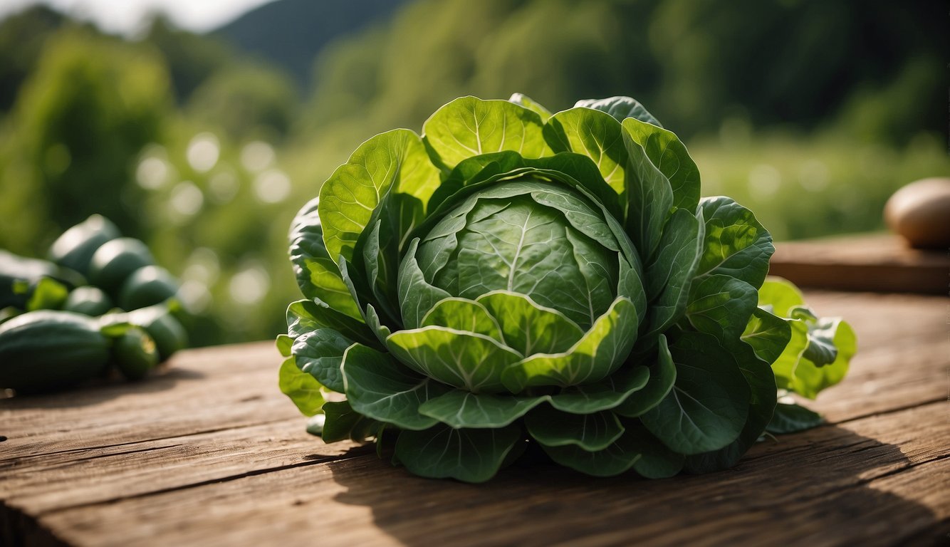 A fresh green cabbage with vibrant leaves sits on a wooden surface, with blurred greenery in the background.