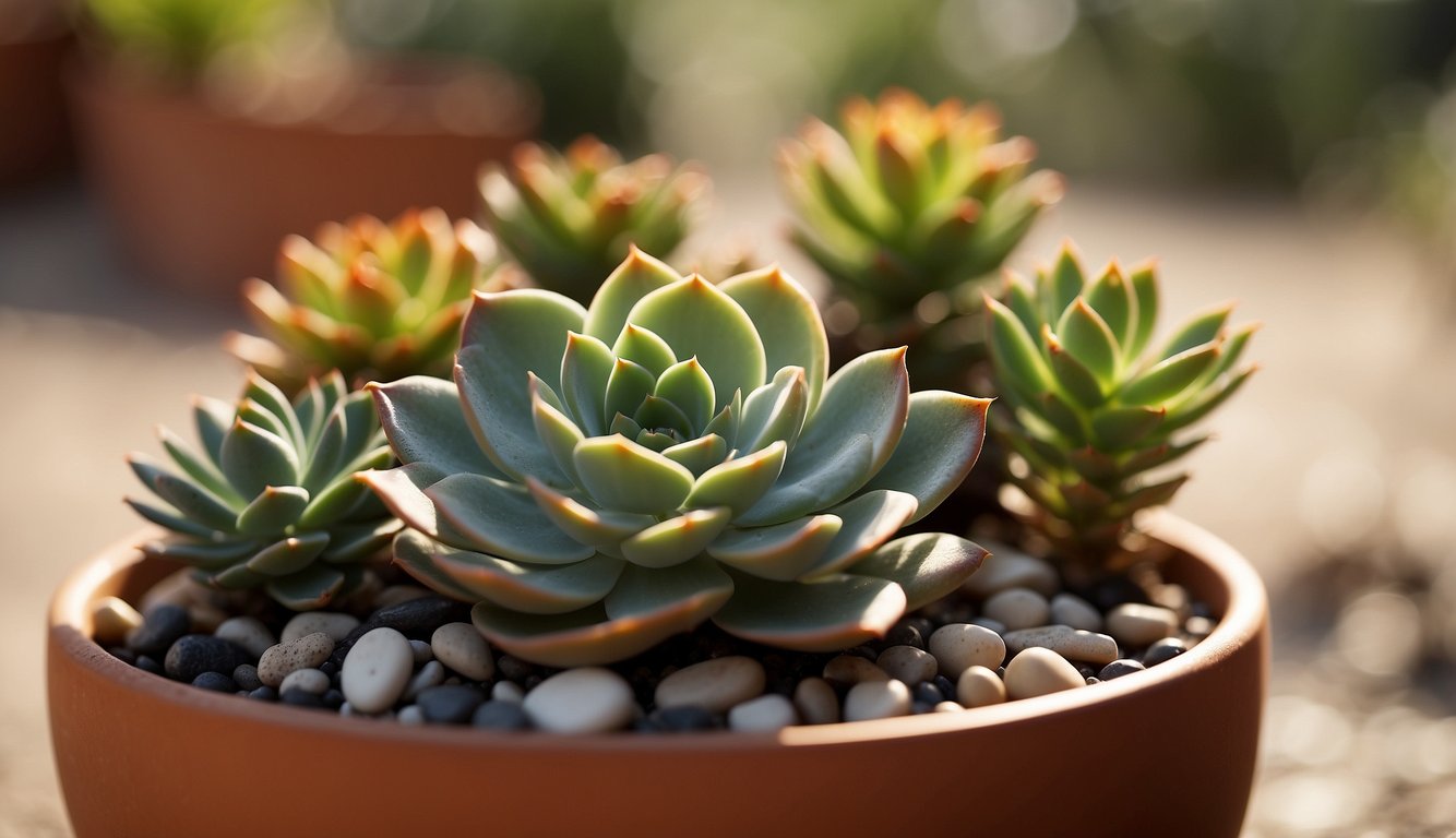 A variety of succulents with green and red-tinted leaves growing in a terracotta pot filled with pebbles, bathed in soft sunlight.
