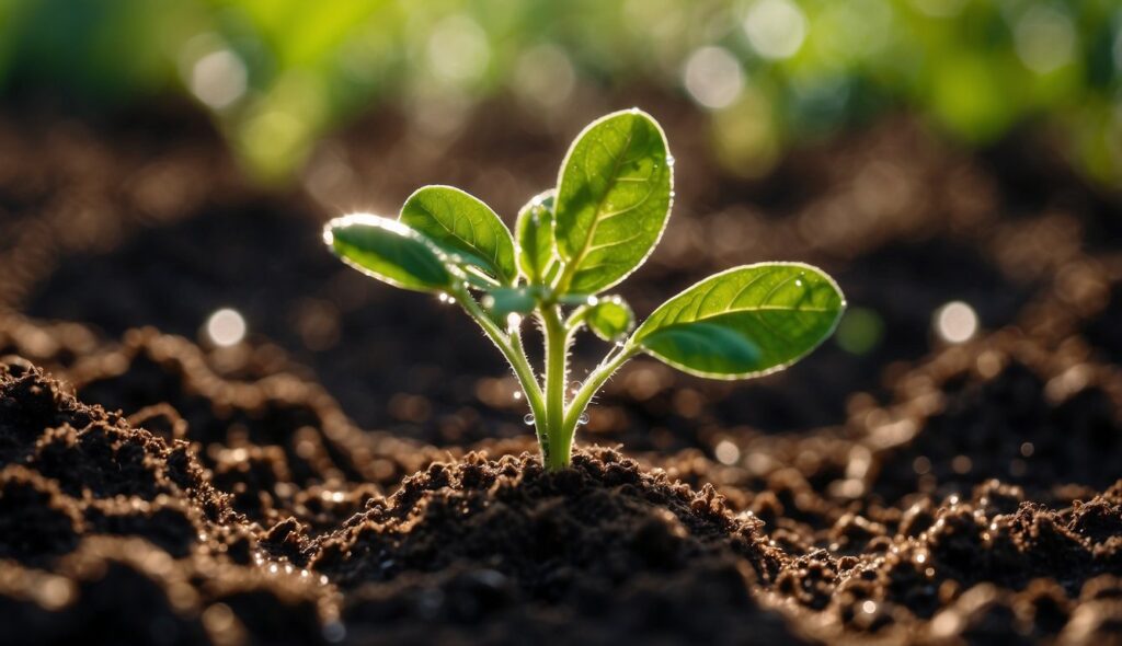 A young plant sprouting from the soil, illuminated by sunlight.