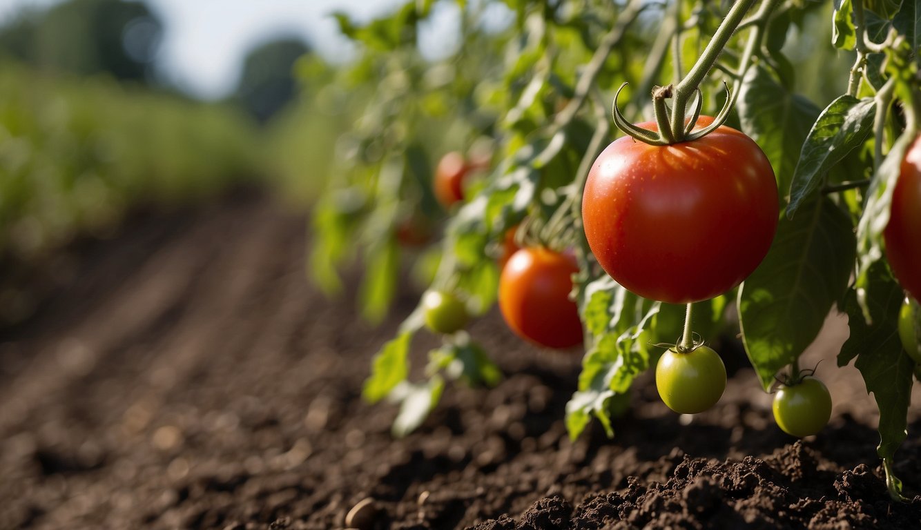 A ripe tomato hanging from a plant in a garden with more green tomatoes and plants in the background.