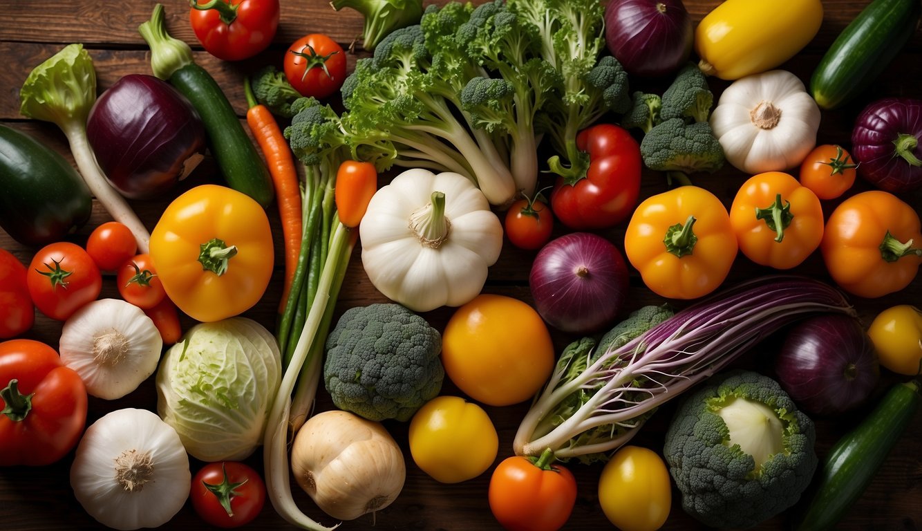 A variety of colorful and fresh vegetables including tomatoes, garlic, onions, bell peppers, zucchinis, and broccoli displayed on a wooden surface.