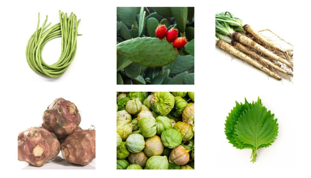 A selection of unusual vegetables, including Romanesco broccoli, purple cauliflower, watermelon radish, black garlic, and crosne, displayed on a rustic wooden table.