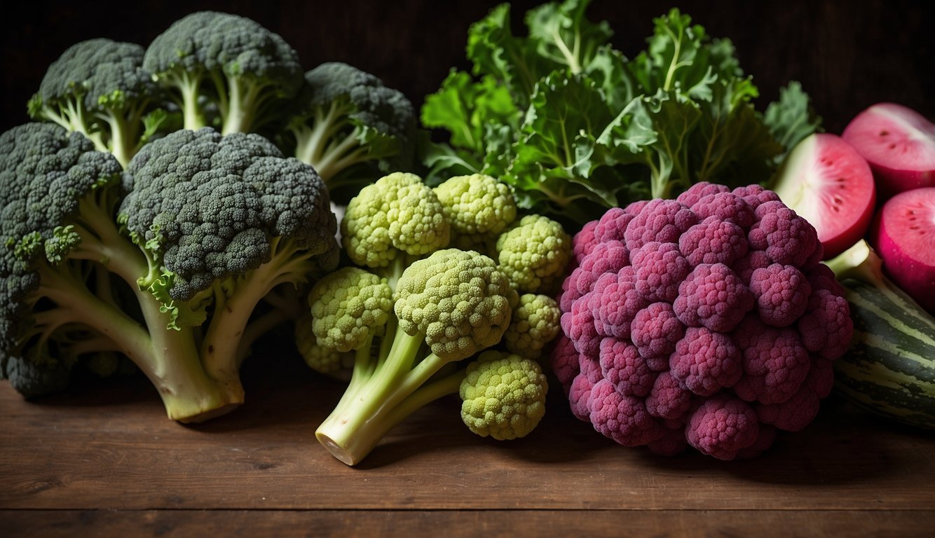 A variety of unusual vegetables including green and purple cauliflower, kale, and sliced red radishes on a wooden surface.