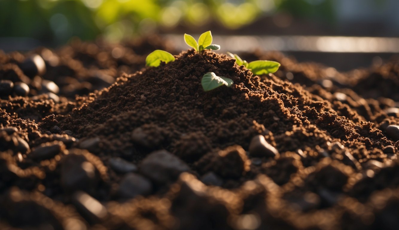 A small plant emerging from a mound of used coffee grounds mixed with soil, illuminated by sunlight.