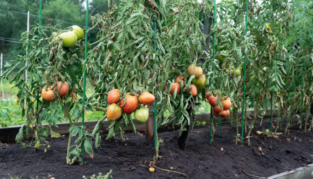 Tomato plants supported by green stakes show wilted leaves and mixed ripening fruit in a garden bed.