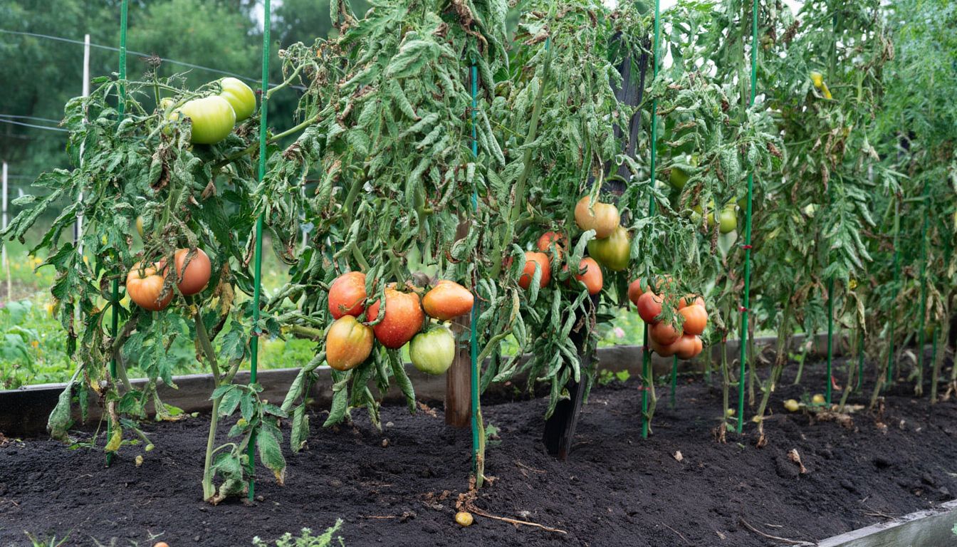 Tomato plants supported by green stakes show wilted leaves and mixed ripening fruit in a garden bed.