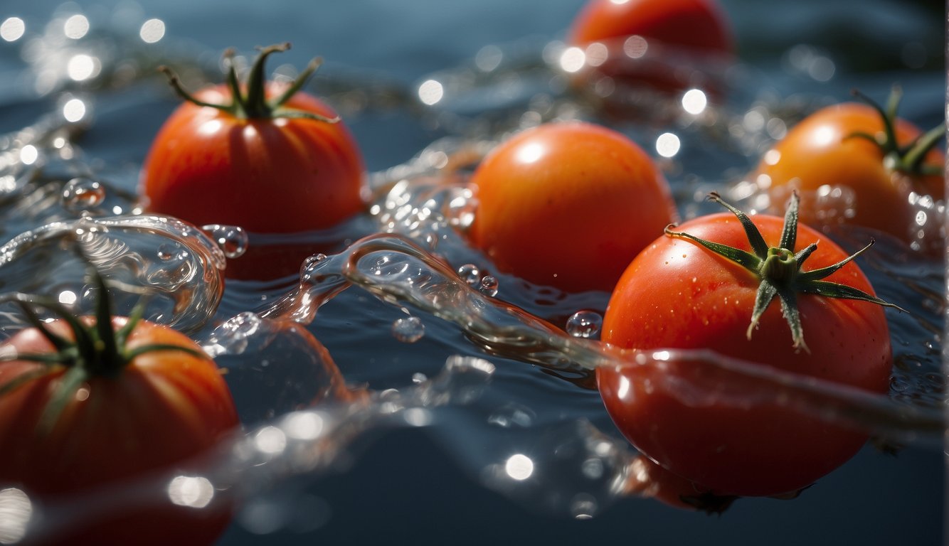 Fresh tomatoes floating on water, illuminated by sunlight.