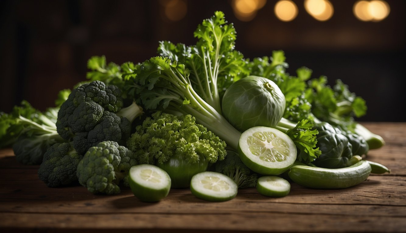A variety of green vegetables including kale, broccoli, and sliced cucumbers displayed on a wooden surface.