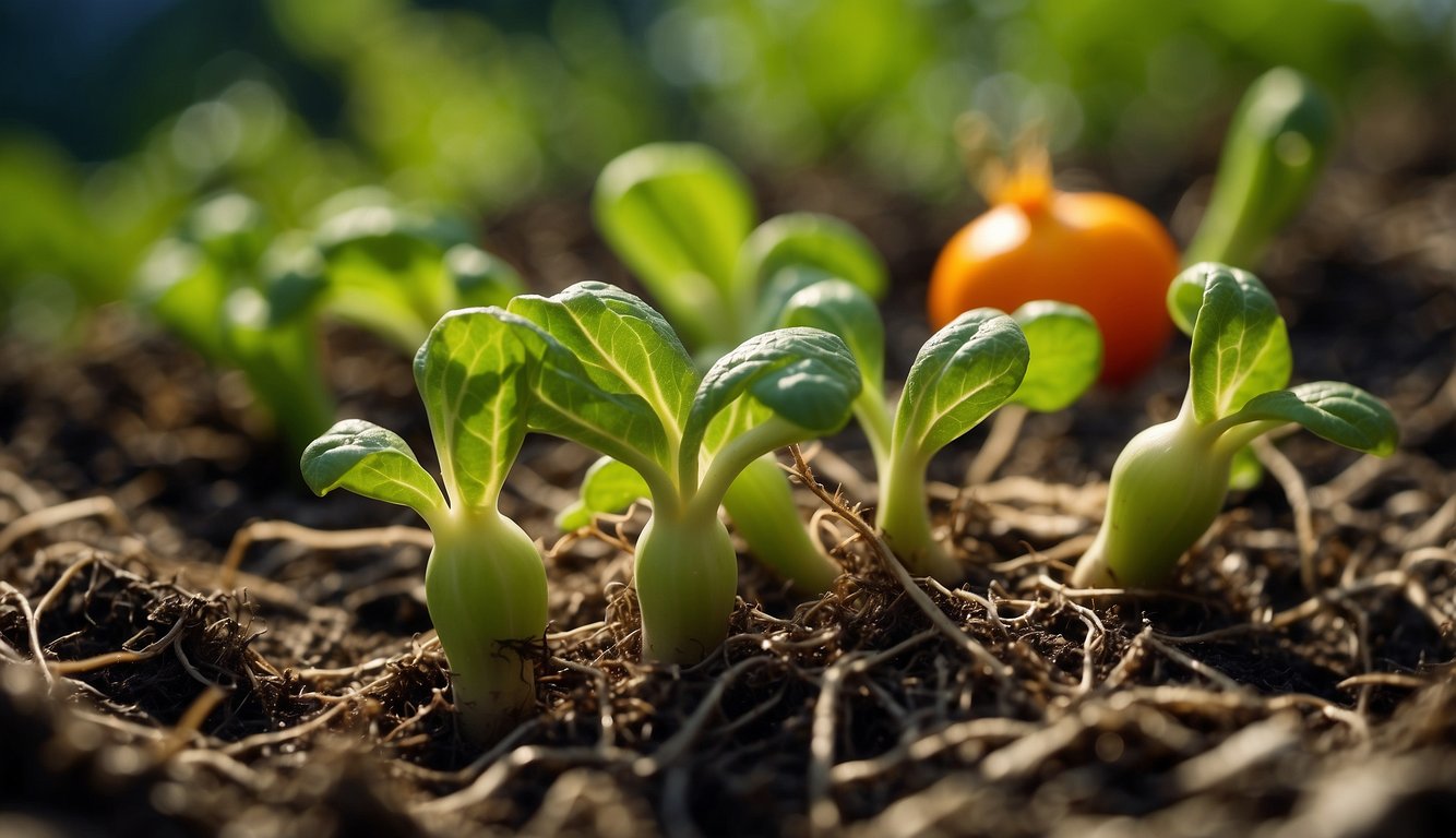 A close-up view of young, green sprouts emerging from the soil with a ripe, orange tomato in the background.