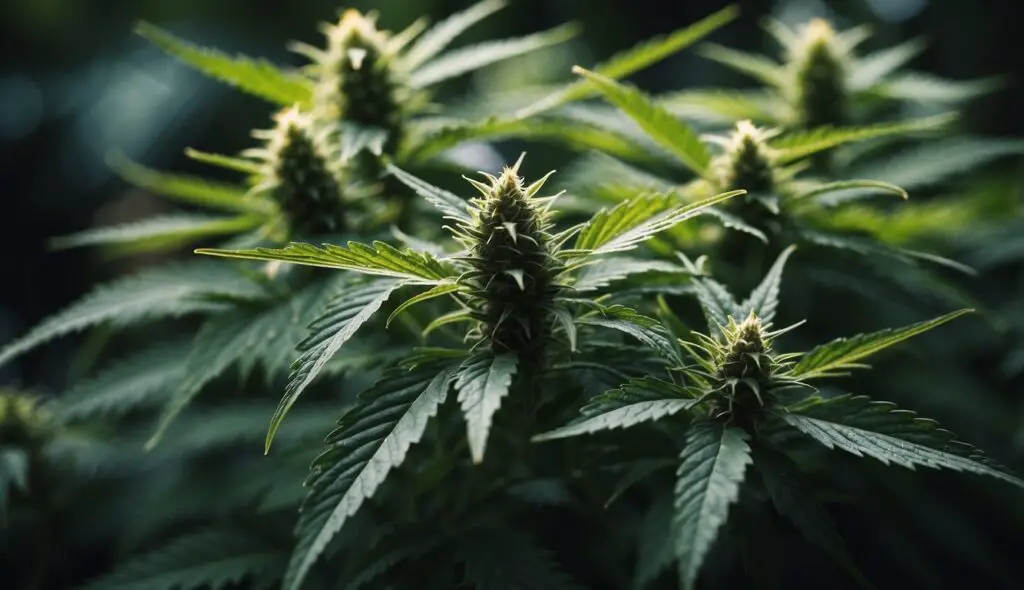 A close-up view of several cannabis plants bathed in soft, natural light that highlights the intricate details of the leaves and buds.