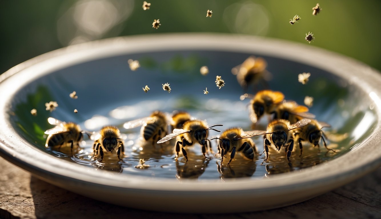 A group of bees gathering around a water dish, with some bees flying above it.