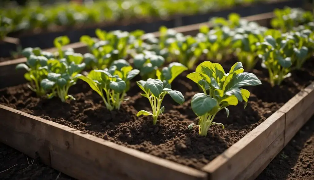 Young green plants growing in rich, dark soil inside wooden planter boxes.