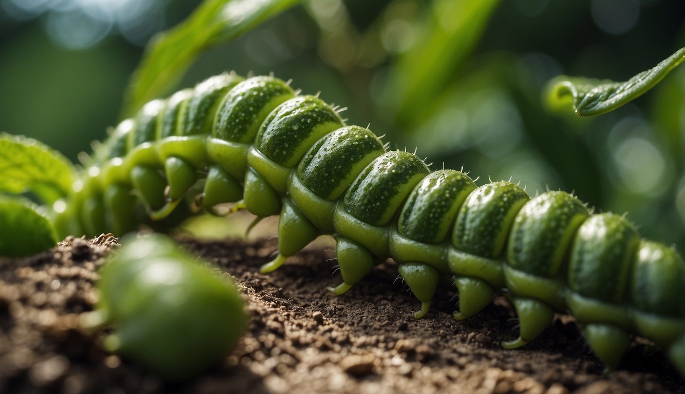 A large green caterpillar with a segmented body and tiny white hairs crawls on a pepper plant.