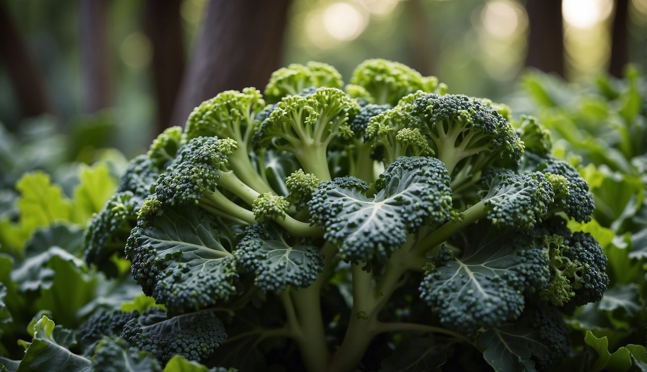A lush broccoli plant thriving in a shaded forest environment.