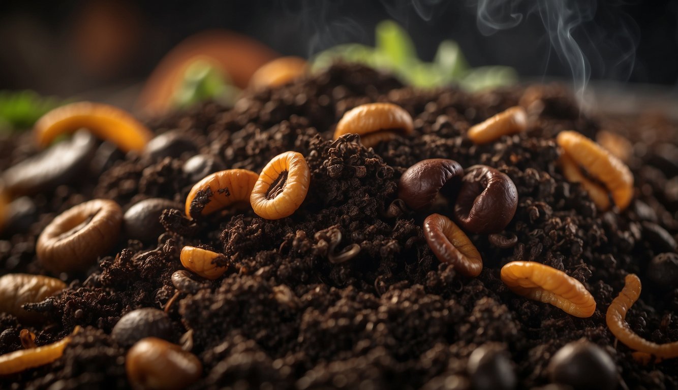 A close-up view of coffee compost with rich, dark soil, coffee beans, and orange worms.