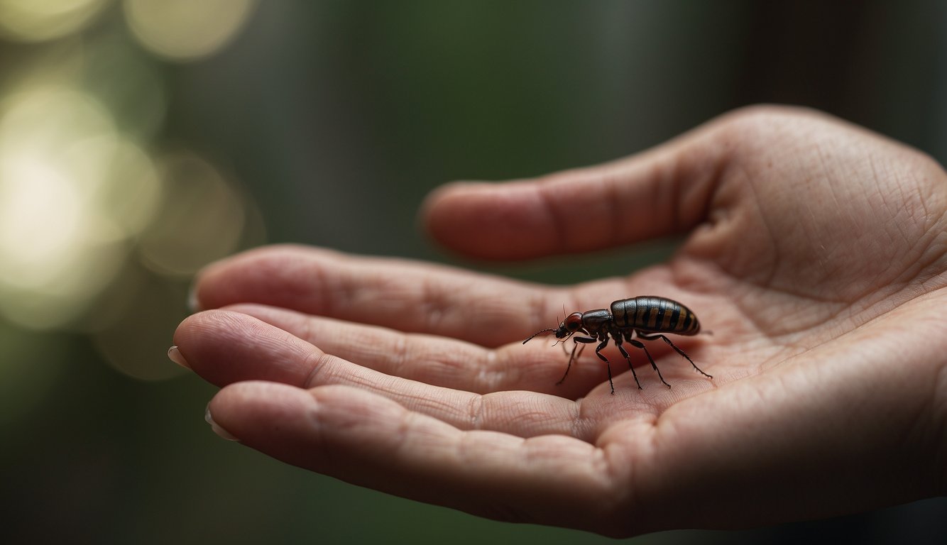 A person gently holding an earwig in their hand.