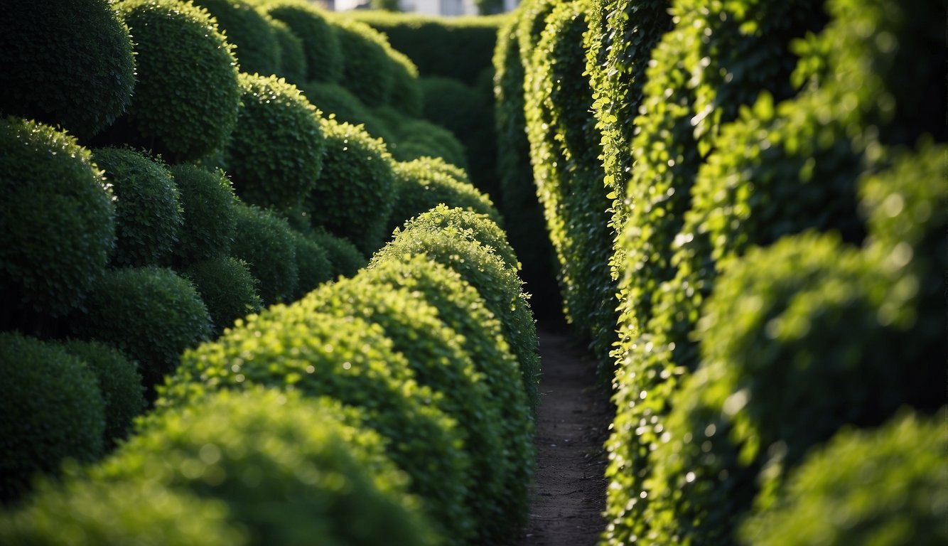 A pathway surrounded by lush, green, meticulously trimmed privacy hedges illuminated by soft sunlight.