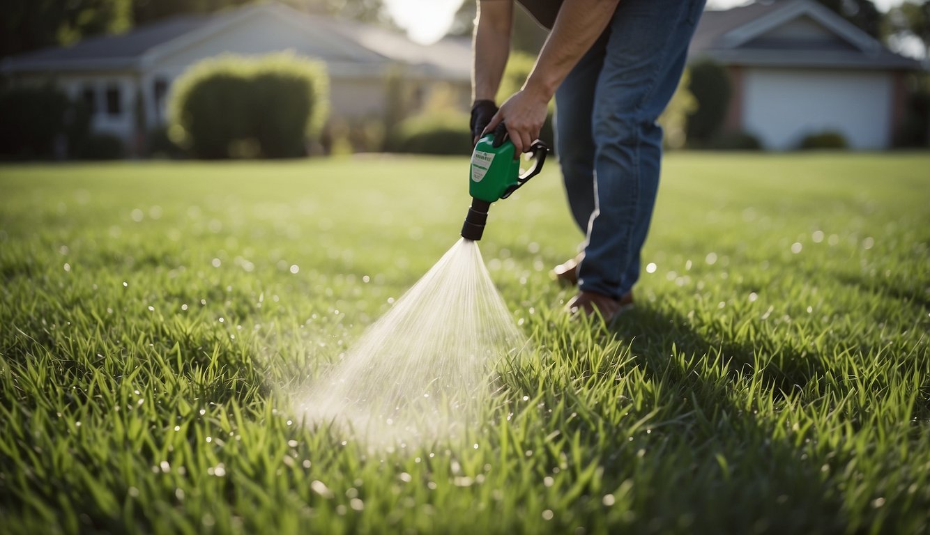 A person is spraying a liquid solution from a bottle onto a lush green lawn to eliminate crabgrass.
