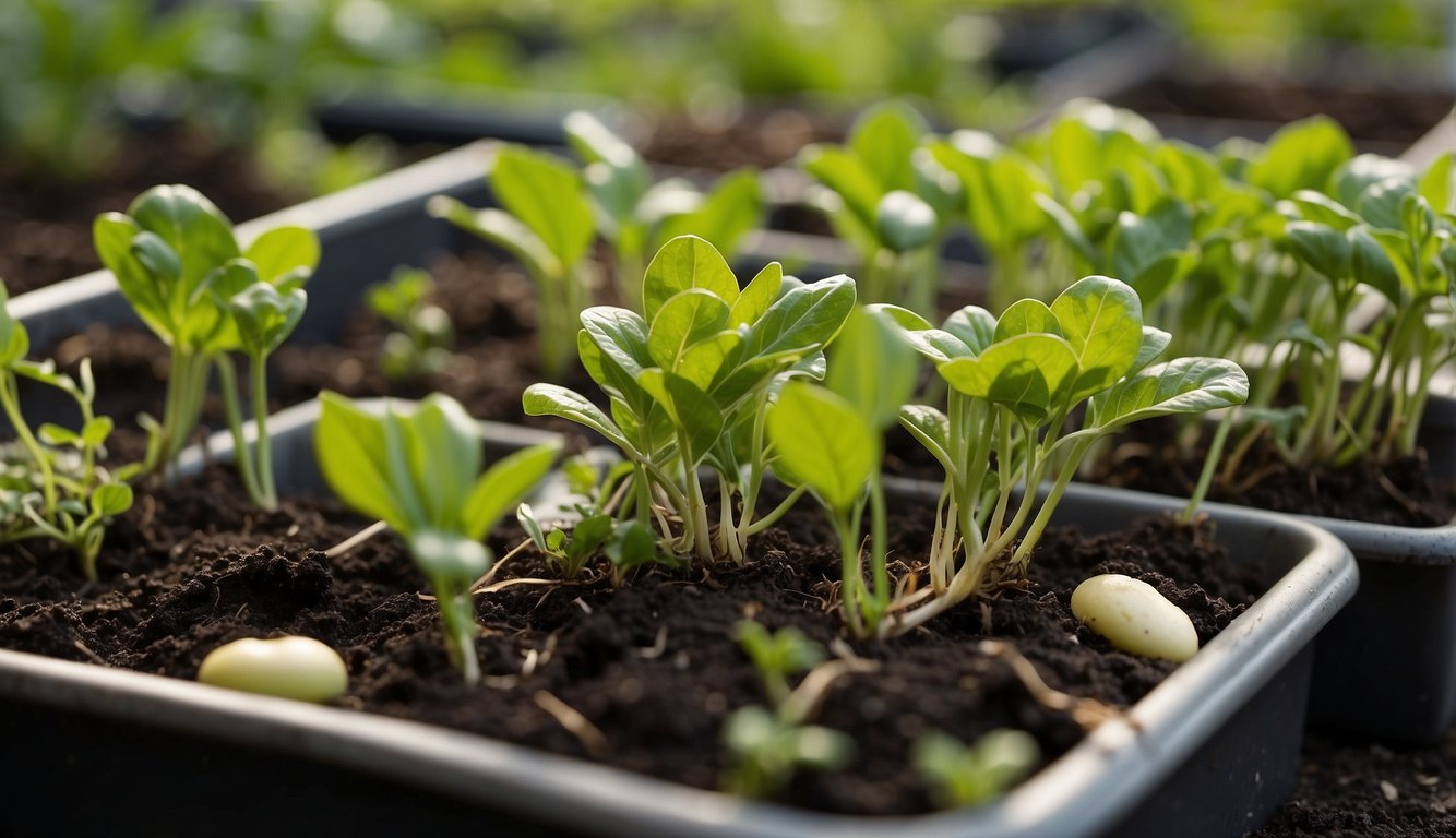 Young plants growing in soil-filled trays, illuminated by natural light.
