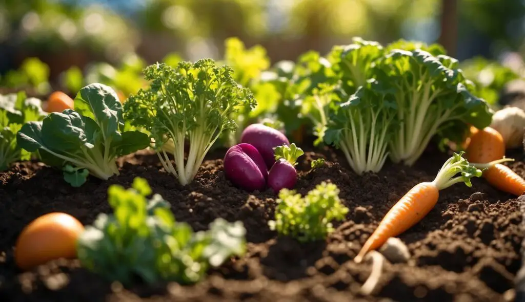 A vibrant garden bed with a variety of fresh vegetables including carrots, radishes, and leafy greens basking in the sunlight.