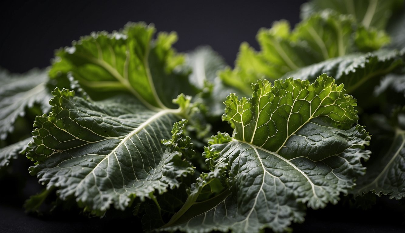 A close-up view of vibrant green kale leaves with intricate, detailed veins against a dark background.