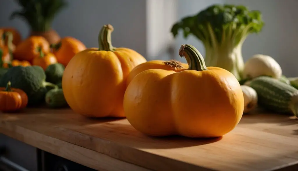 A variety of fresh vegetables including butternut squash on a wooden table.