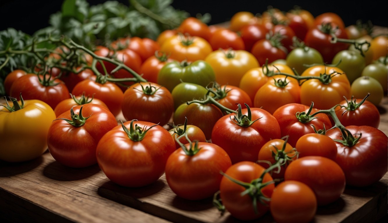 A variety of fresh, colorful tomatoes displayed on a wooden surface.