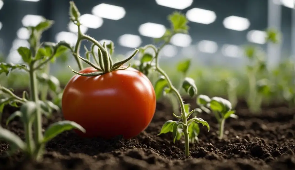 A ripe tomato surrounded by young tomato plants in a greenhouse.