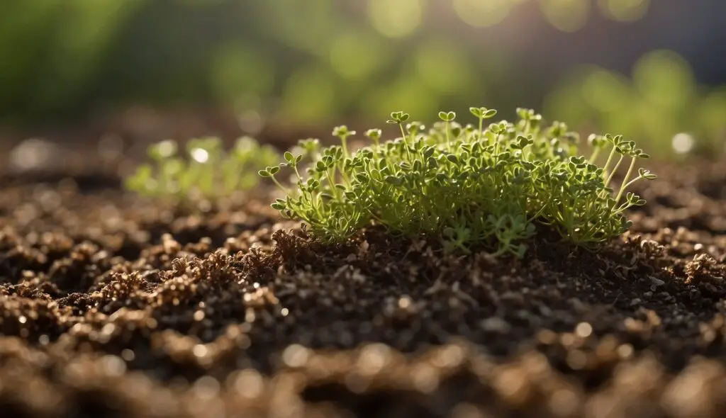 A young creeping thyme plant emerging from the fertile soil, bathed in soft sunlight.