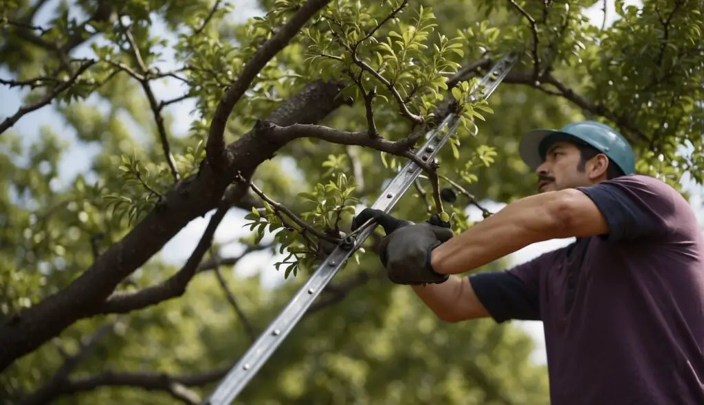 A person trimming a plum tree using shears while standing on a ladder.