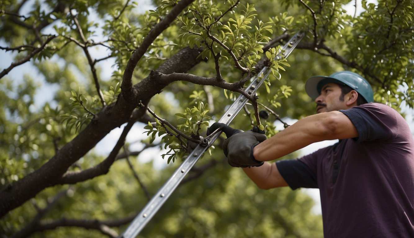 A person trimming a plum tree using shears while standing on a ladder.