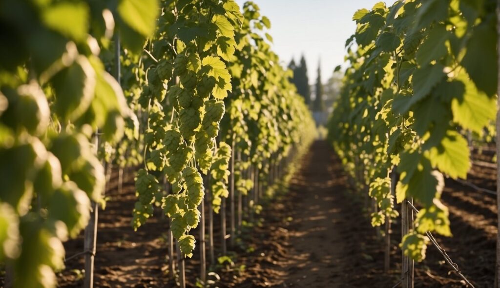 A sunlit hops farm with rows of green hop plants growing on wooden supports.