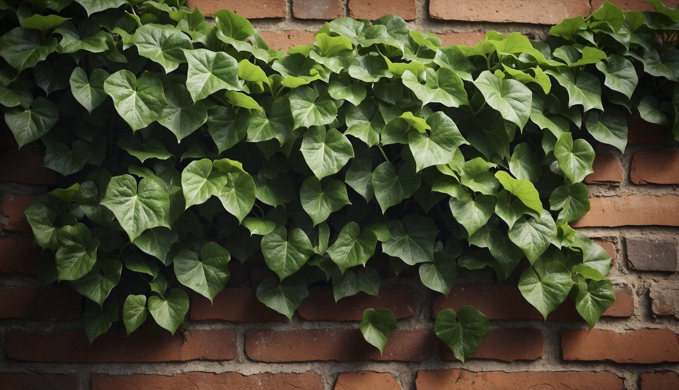 A lush growth of ivy leaves on a brick wall.