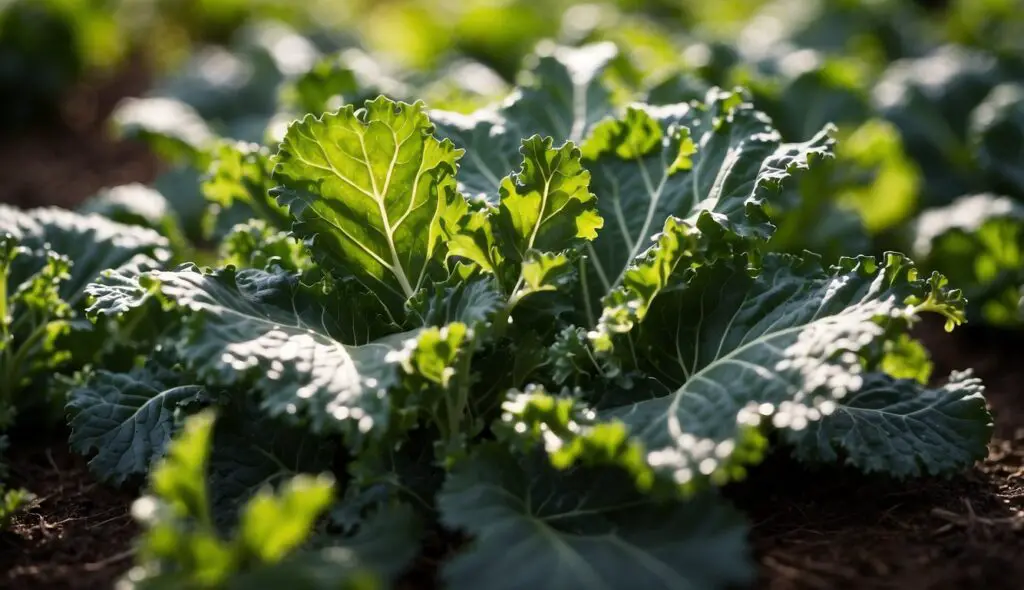 A vibrant image showcasing a variety of kale plants, illuminated by natural light, growing in soil.