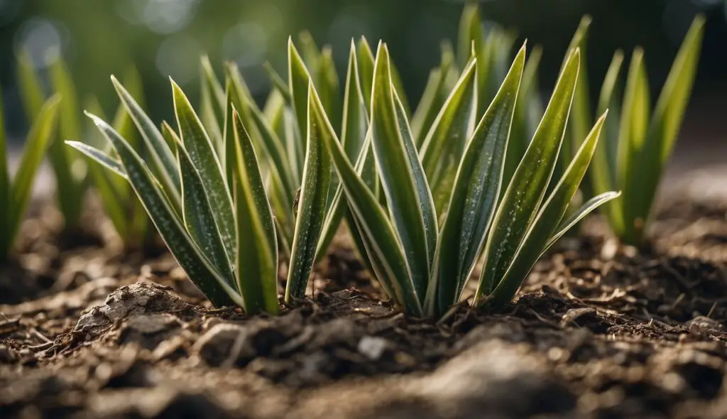 A cluster of young snake plants emerging from the soil, bathed in soft sunlight.