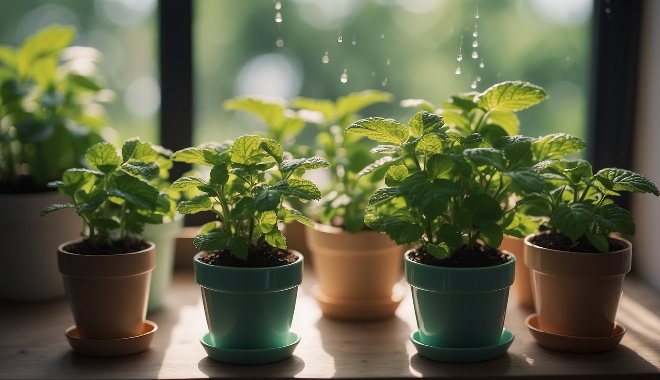 Potted mint plants thriving on a sunny windowsill indoors.