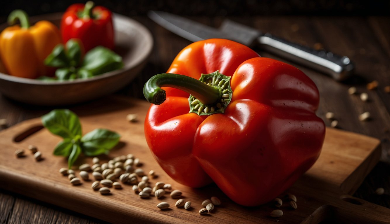 A vibrant red bell pepper on a wooden cutting board, surrounded by scattered seeds and fresh basil leaves, with a knife in the background.