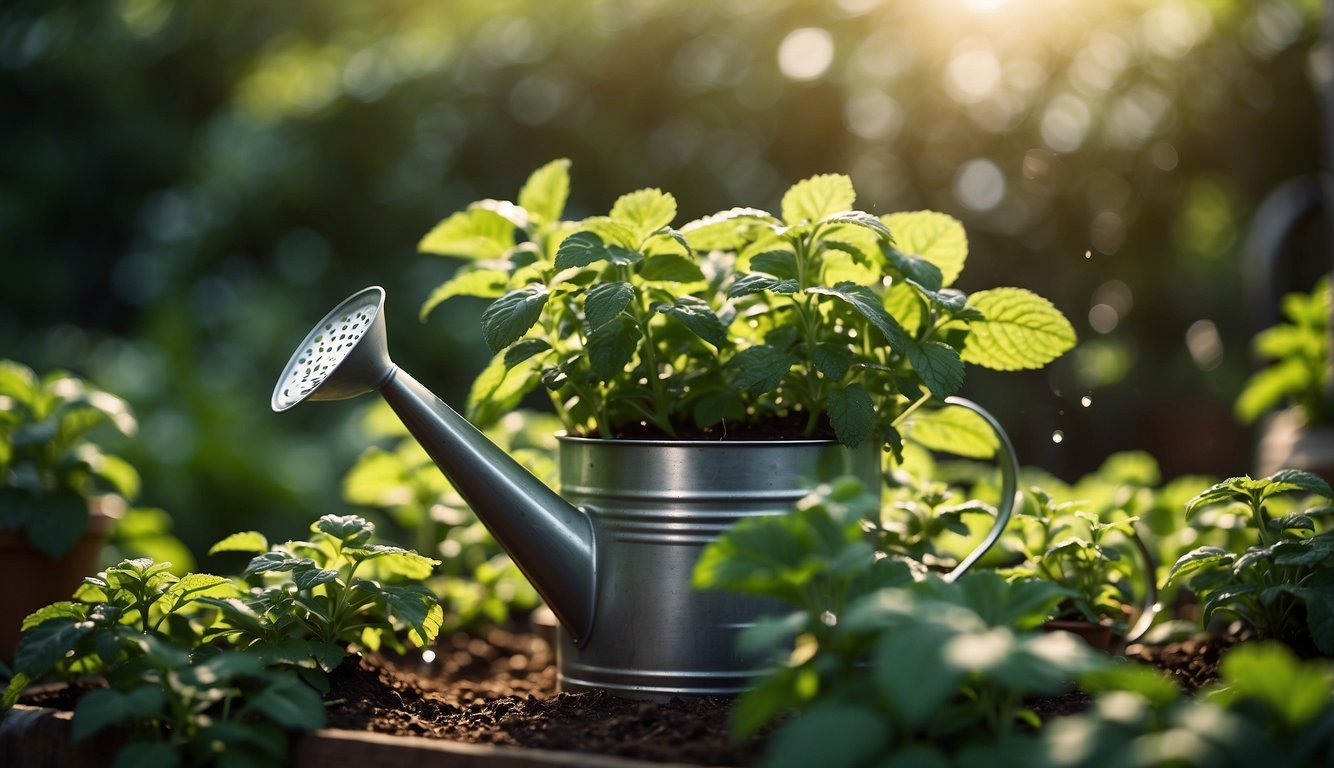 A watering can is watering fresh green mint plants in a garden, illuminated by sunlight.